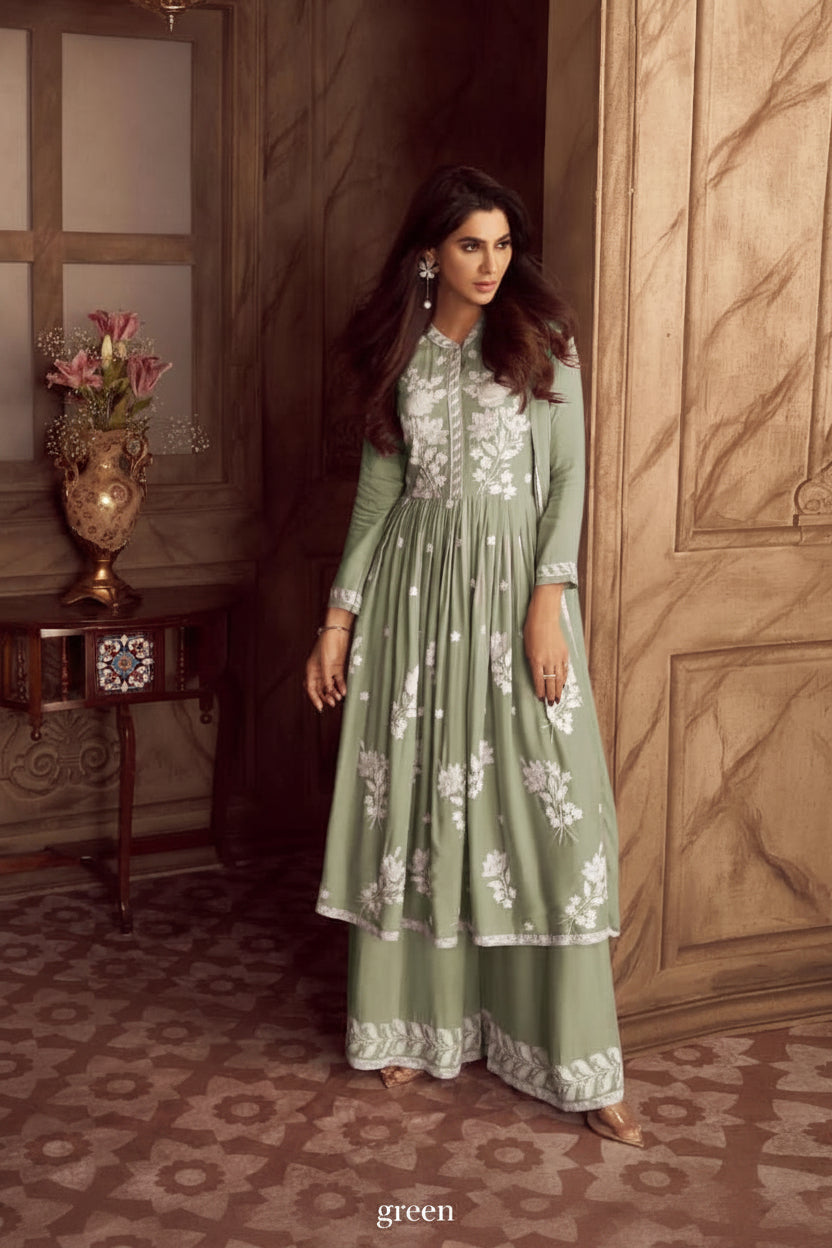 Chikankari Kurti-Palazzo with Dupatta set
